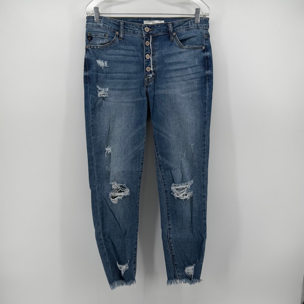 KanCan Womens Distressed High Rise Button Fly Skinny Jeans Medium Wash Blue 11